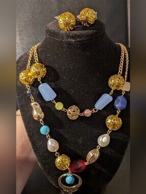 Gold Multi-Bead Statement Necklace And Earrings